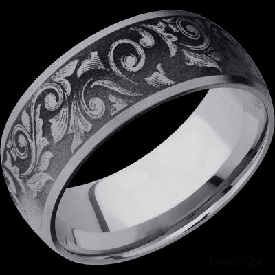 9 mm wide/Domed/Tantalum band with a laser carved Western Scroll pattern.