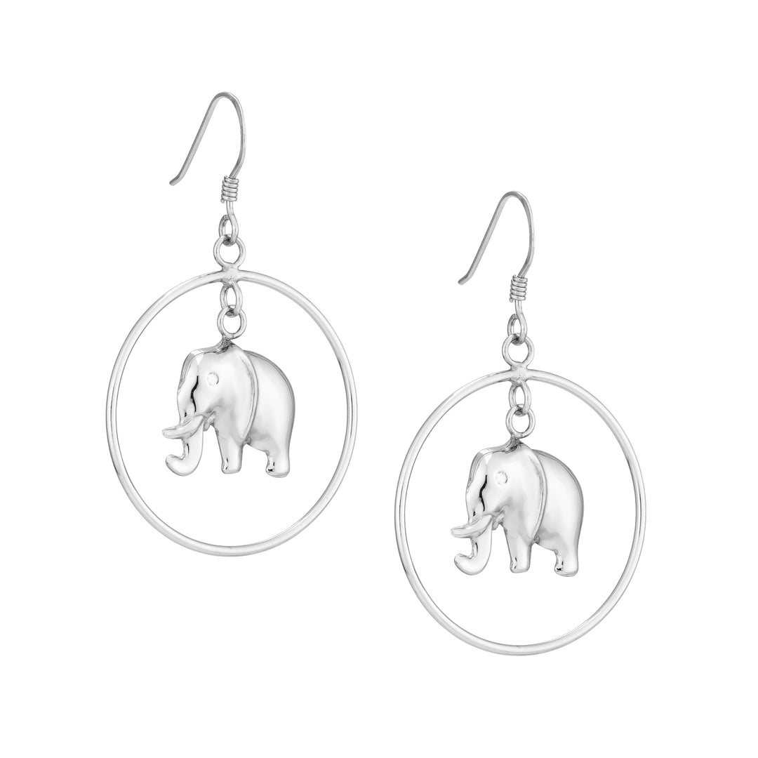 Plated Sterling Silver Elephant Drop Hoop Earrings