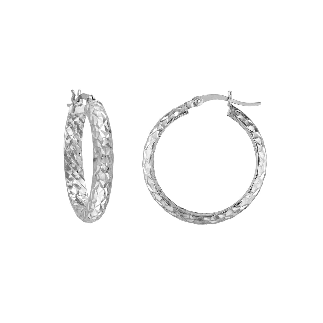 Sterling Silver 4mm x 25mm Diamond-Cut Hoop Earrings