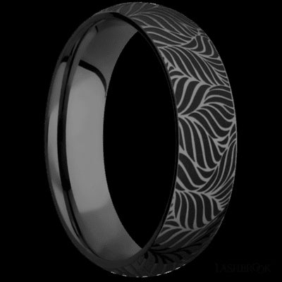 6 mm wide/Domed/Zirconium band with a laser carved Twisted Leaf pattern.