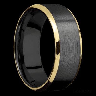 8 mm wide/Beveled/Zirconium band with two 1 mm Edge inlays of 14K Yellow Gold.