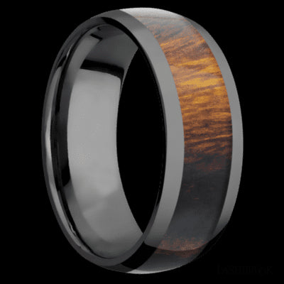 8 mm wide/Domed/Zirconium band with one 5 mm Centered inlay of Desert Iron Wood.