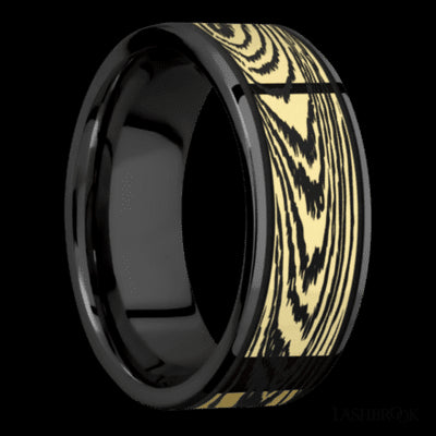 8 mm wide/Flat/Zirconium band with one 6 mm Centered inlay of 14K Yellow Gold with a laser carved Woodgrain pattern.