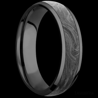 6 mm wide/Domed/Zirconium band with one 4 mm Centered inlay of Forged Carbon Fiber.