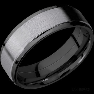 7 mm wide/Flat Grooved Edges/Zirconium band with one 5 mm Raised Centered inlay of Tantalum.