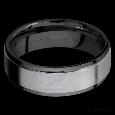 7 mm wide/Flat Grooved Edges/Zirconium band with one 5 mm Raised Centered inlay of Tantalum.