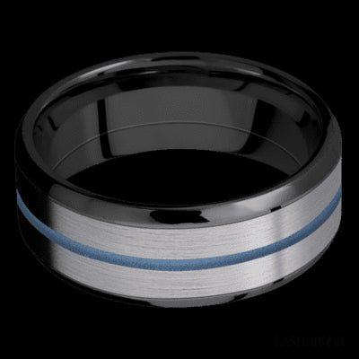 8 mm wide/Beveled/Zirconium band featuring inlays of Tantalum and Polar Blue.